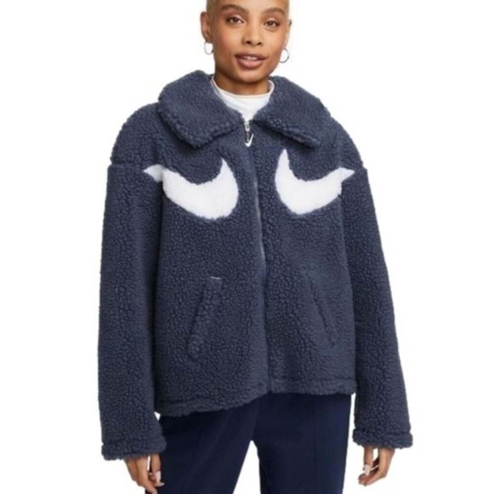 Nike Womens Oversized Sherpa Fleece Jacket Full Zip Blue White Swoosh Logo XXL